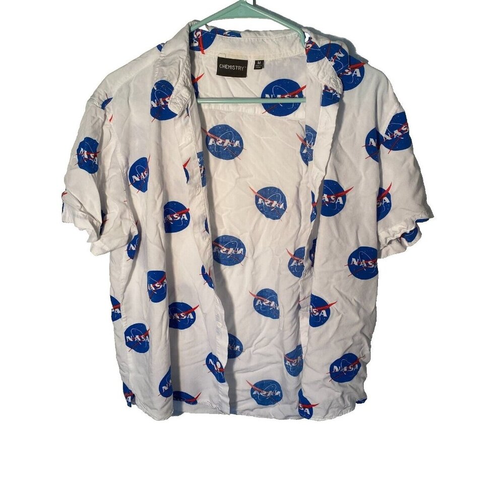 Chemistry NASA Space Logo Spell Out Shirt Button Front White Men's Medium